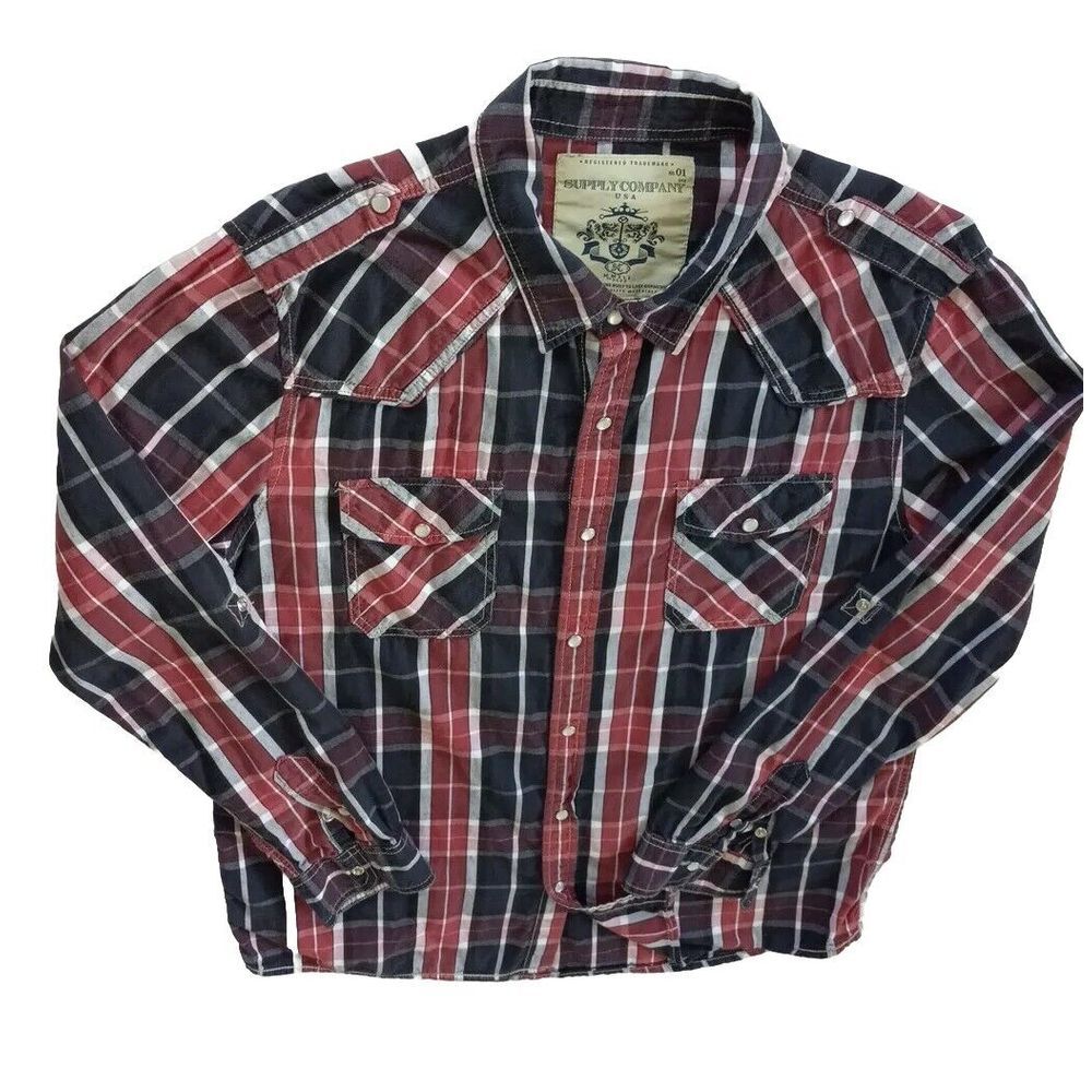 Supply Company USA Men‎ XL Long Sleeve Buttons Shirt Pearl Snap Plaid Black/ Red